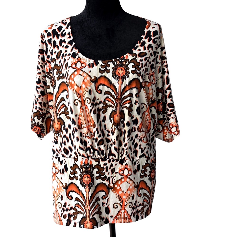 Suzic Couture Women's Leopard‎ Damask Empire Waist Tunic Top Orange Brown Sz 1X